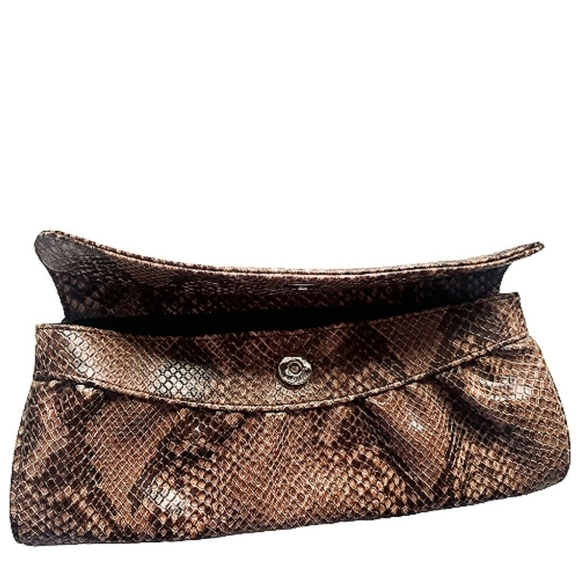 ALPACHINO Brown Python Print Clutch Handbag Patent Leather Classic Womens Purse - Picture 3 of 8